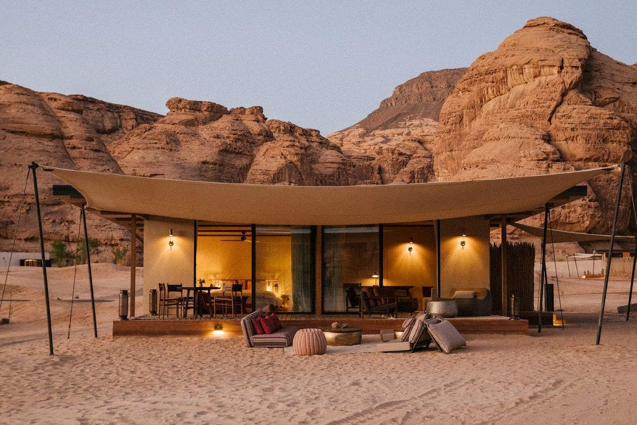The interiors of a luxury tent in the desert.