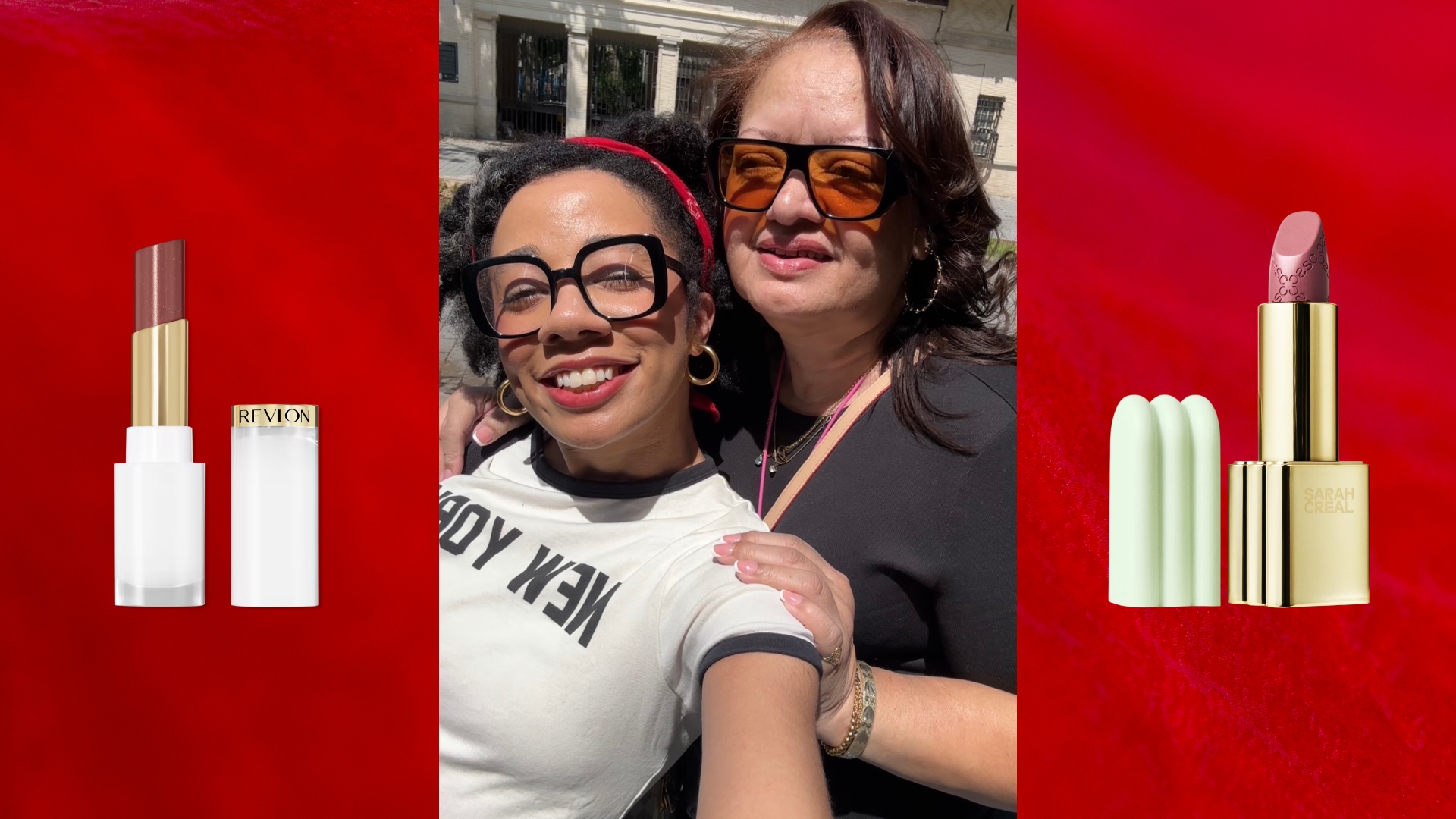 eden stuart and her mom on a red background next to lipstick