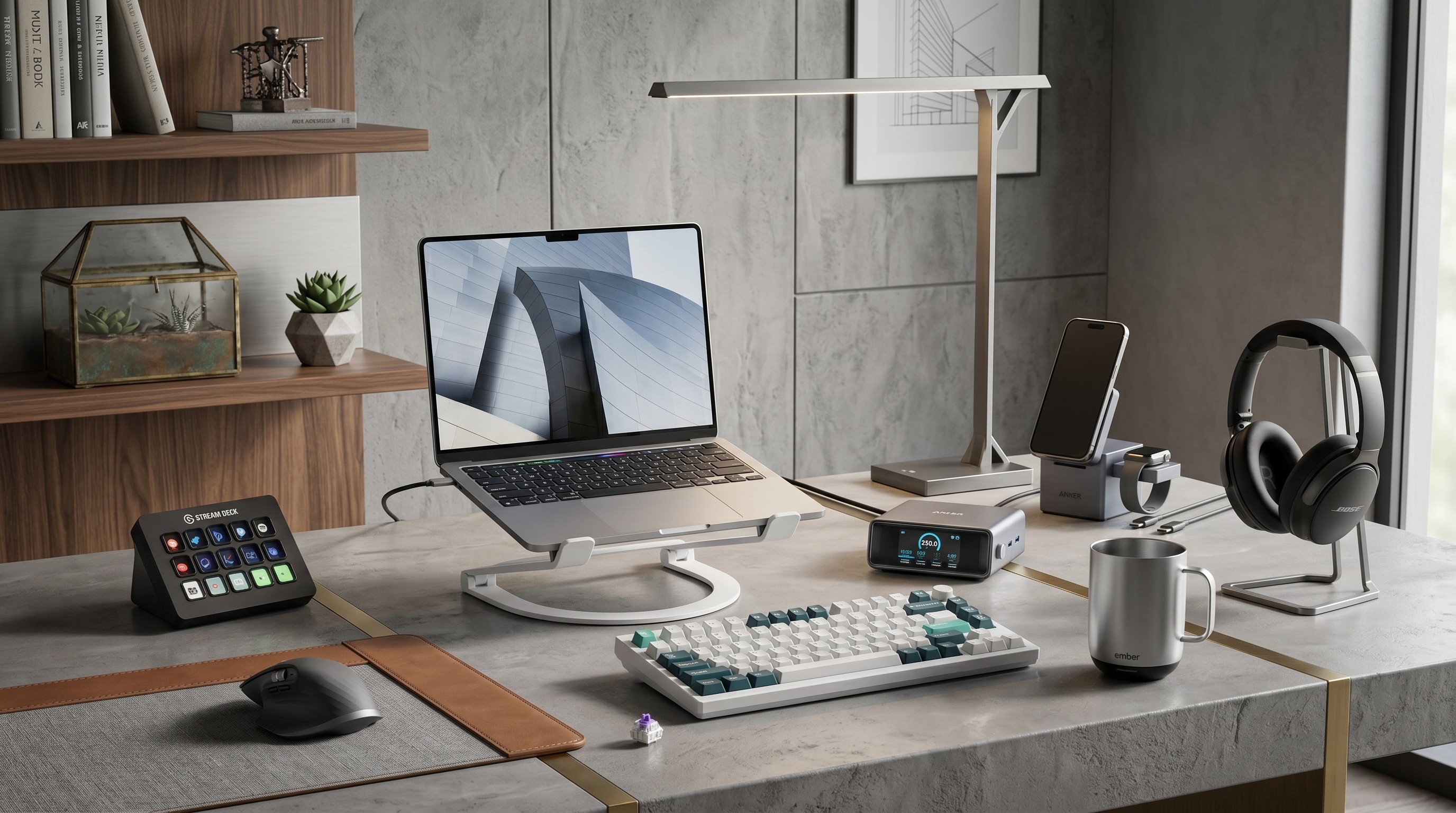 A stylish and professional home office desk filled with timeless tech