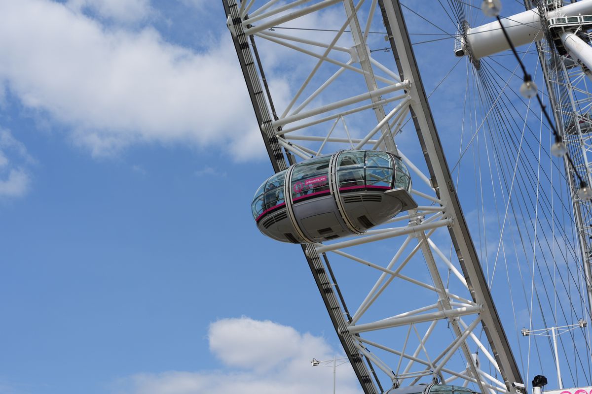 A pod on the London Eye in front of a blue sky