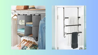 The best small space organizers, one hanging closet organizer with cubes and rod storage for clothes, another over-the-door organizer in bathroom holding towels