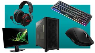 collection of PC gaming gear on blue background