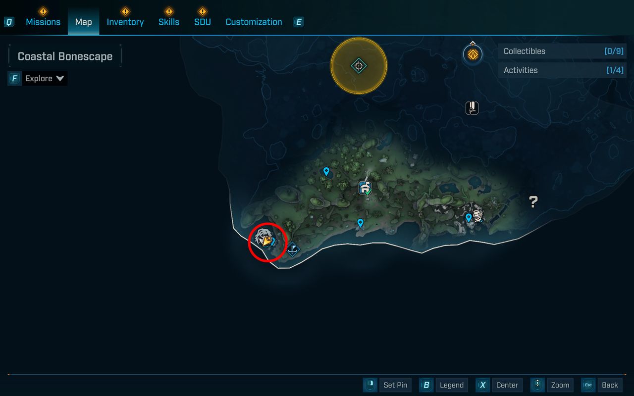 Borderlands 4 vault key fragment locations: A map with a red circle highlighting the vault fragment in the southwest of Coastal Bonescape, Fadefields.
