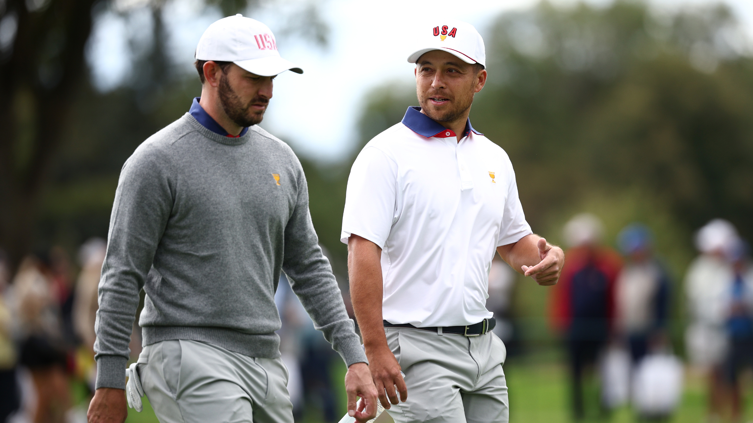 Patrick Cantlay and Xander Schauffele in discussion during the Presidents Cup