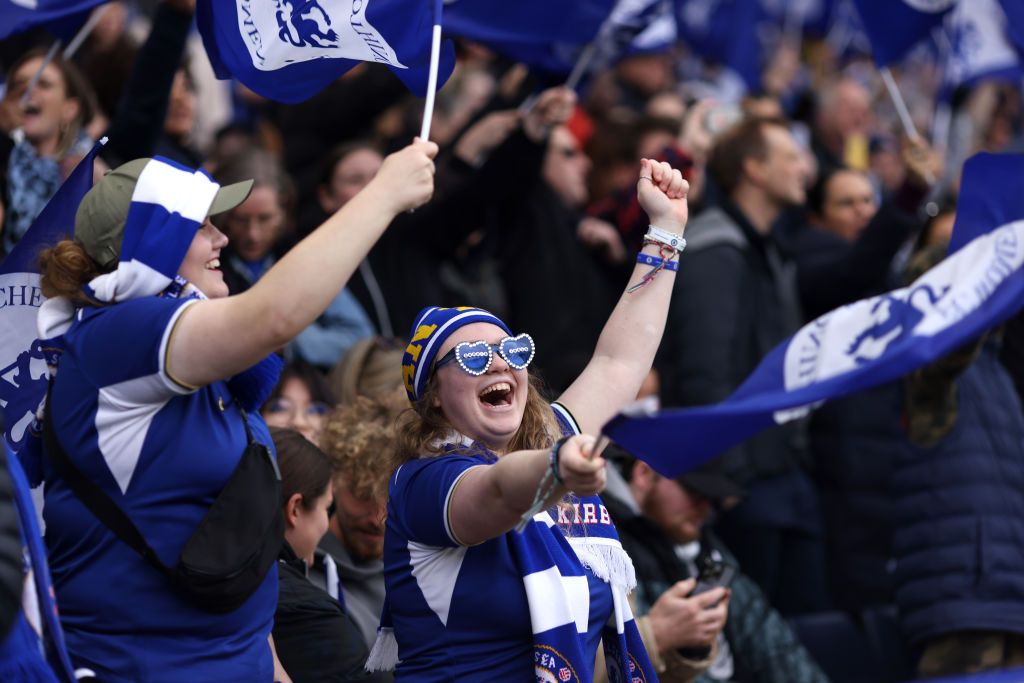 Chelsea fans pose for a photo during the UEFA Women&#039;s Champions League 2023/24 semi-final second leg match between Chelsea FC and FC Barcelona at Stamford Bridge on April 27, 2024 in London, England. (Photo by Charlie Crowhurst - UEFA/UEFA via Getty Images)