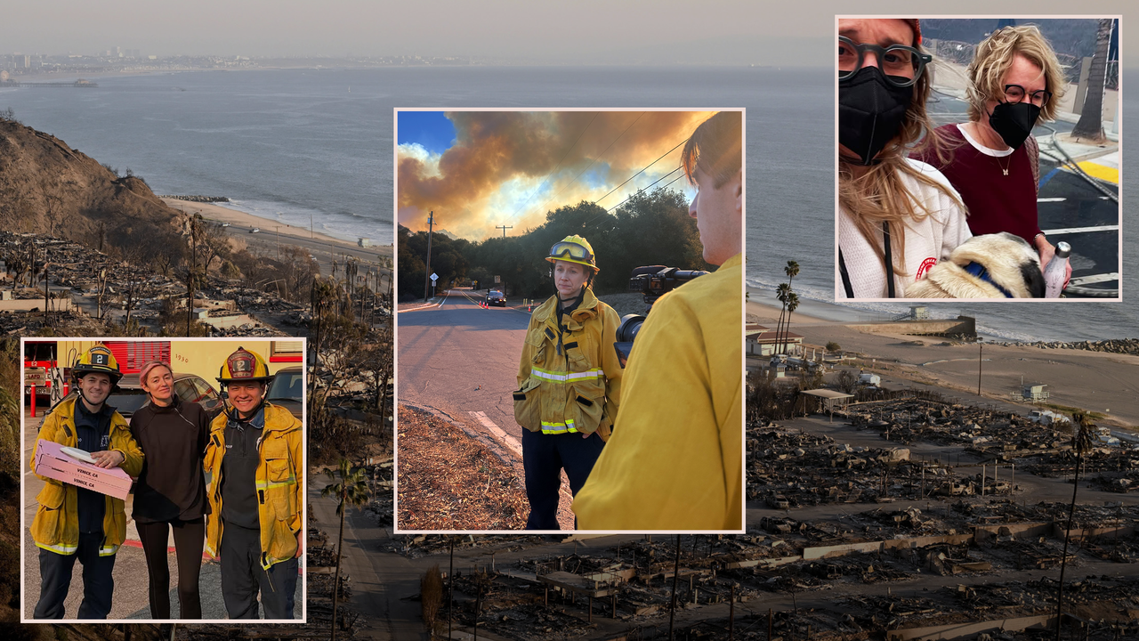 A photo collage of photos featuring women featured in the article who worked on the frontline of the LA fire zones. Background photo shows the fire-damaged neighborhoods of Palisades, California.