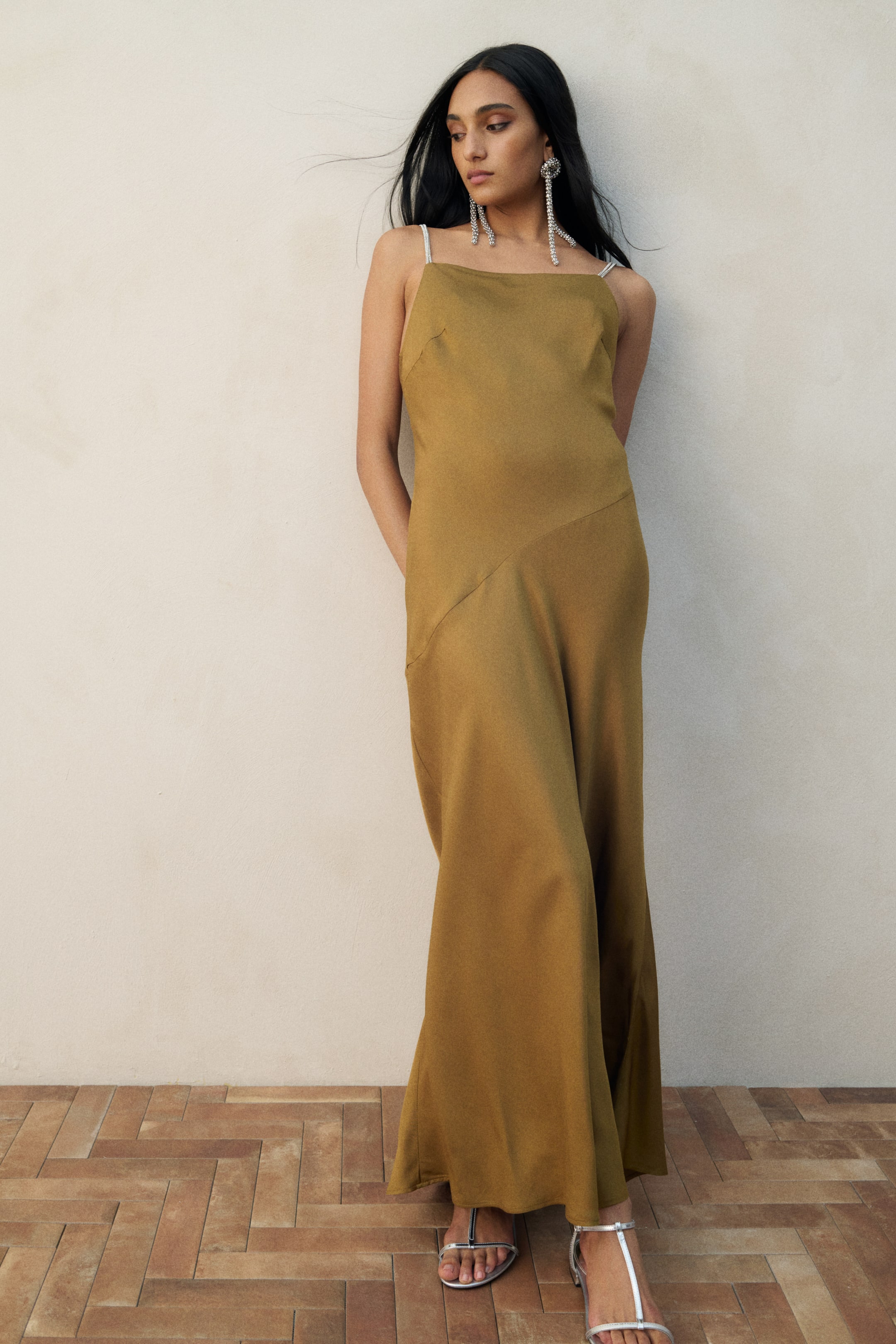 Rhinestone-Strap Satin Dress
