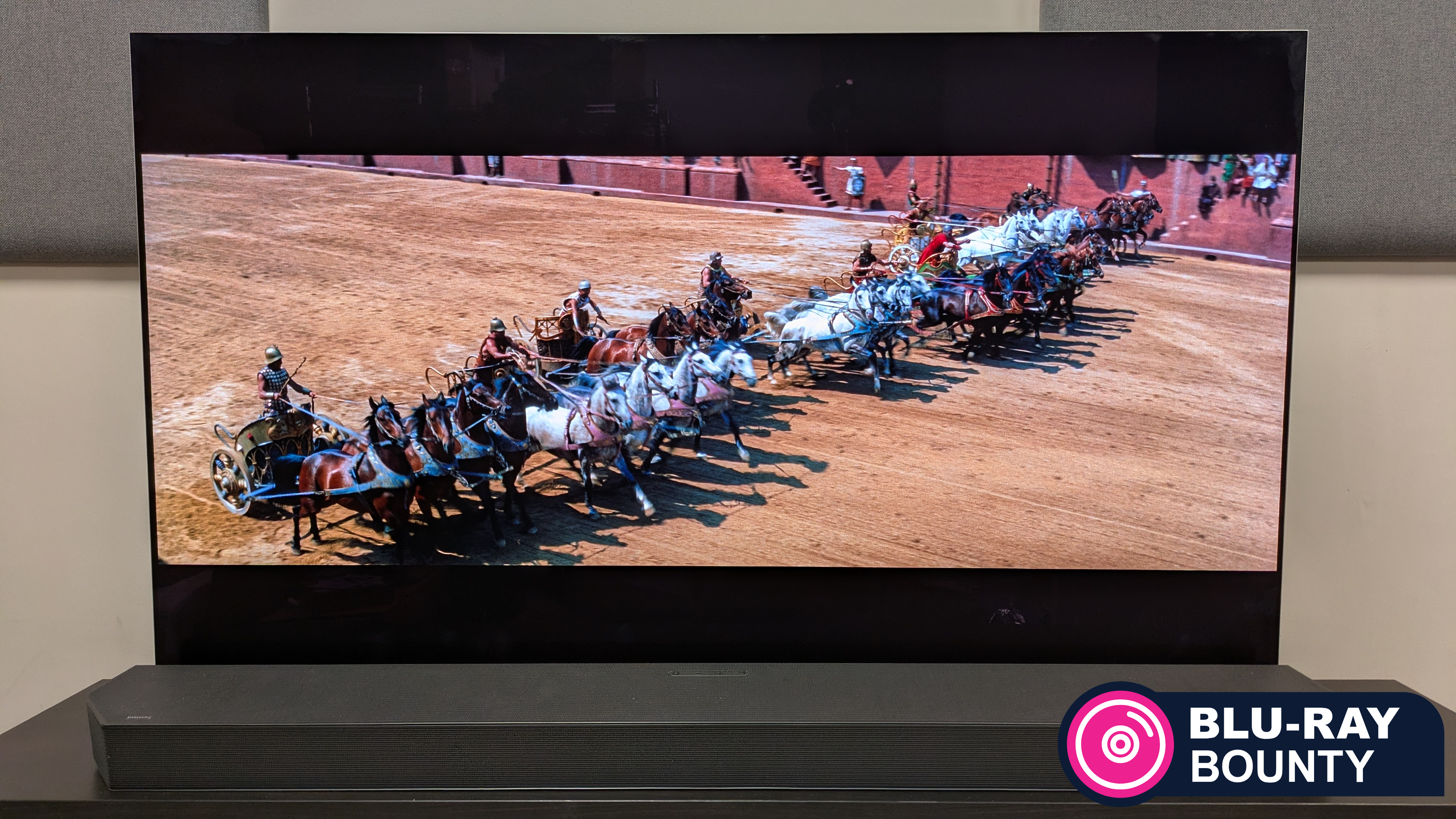 Blu-ray Bounty April 2026 hero image with chariot race from Ben-Hur on LG G5 