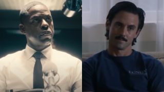 From left to right: Sterling K Brown being questioned in Paradise and Milo Ventigmiglia sitting on a couch in This Is Us.