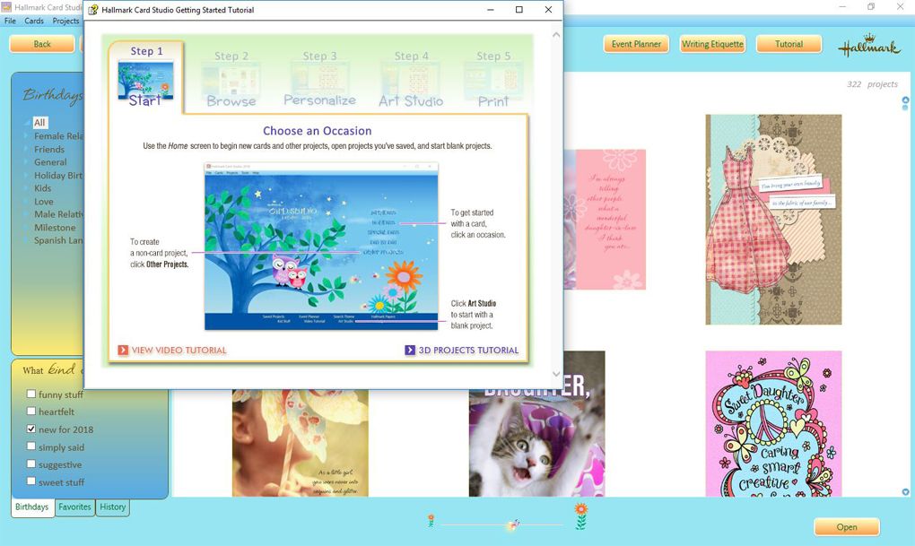 For inexperienced users, there's a handy way to access the video tutorials on most of the pages in Hallmark Card Studio Deluxe.