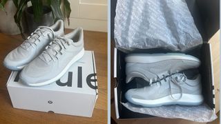 Grace Walsh's strongdfeel lululemon trainers sitting on top of box next to plant and sitting on top of box