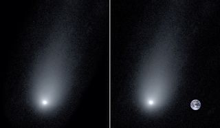 Left: A new image of the interstellar Comet 2l/Borisov. Right: A composite image of the comet with a photo of the Earth to show scale. 