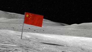 A Chinese flag on the surface of the moon.