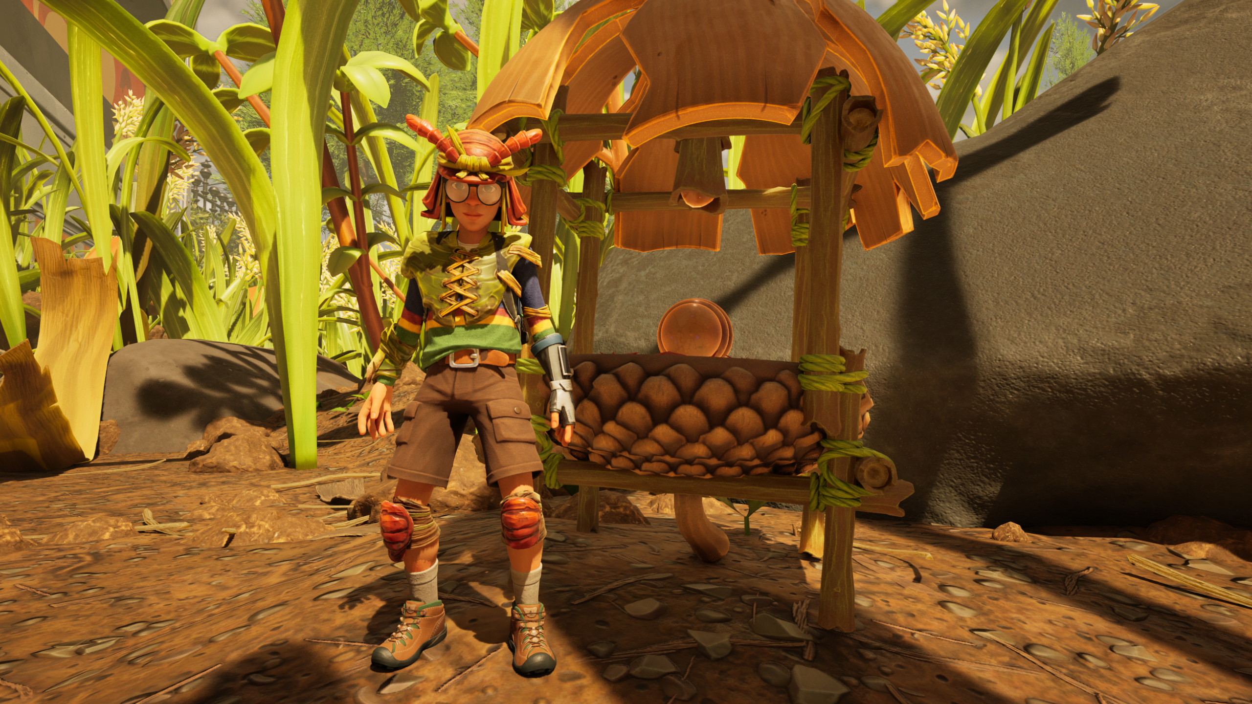 Grounded 2 tips: A character wearing ant armour standing next to an egg being incubated at the hatchery.