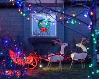 Christmas decorations and multi-colored lights at private home, Bend,Oregon,USA