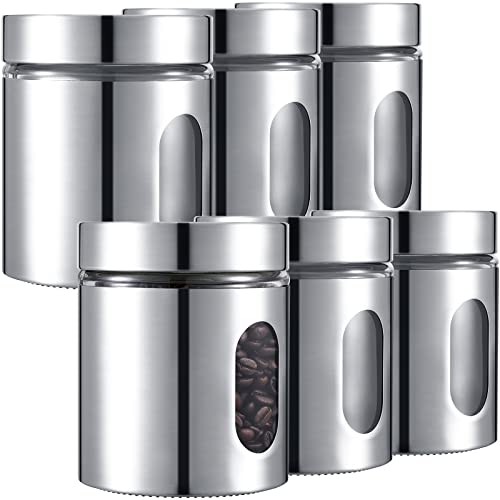 Mimorou 6 Pack Kitchen Canisters Set Airtight Coffee Sugar Tea Candy Storage Jars With Window Glass Stainless Steel Containers With Lids for Flour Cookies Spices Grains Kitchen Decorations(20 Oz)