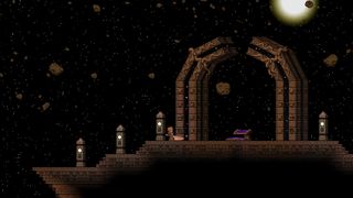 Promotional screenshot of a player exploring ancient ruins in Starbound