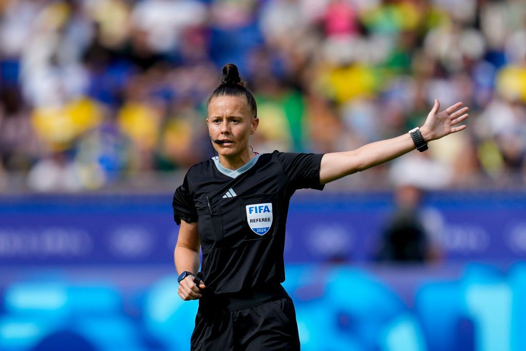 Referee Rebecca Welch gestures during the Women&#039;s Soccer - Group C match between Brazil and Japan on Day 2 of the Olympic Games Paris 2024 at Parc des Princes on July 28, 2024 in Paris, France.