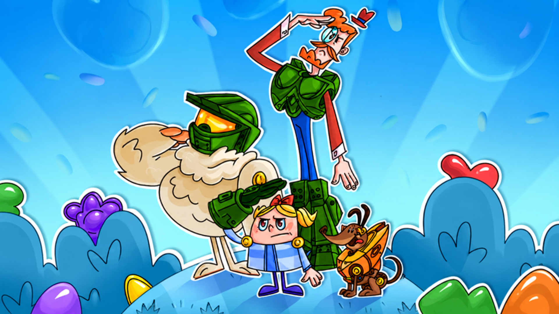 Cartoon characters standing heroically on a hill in a colorful candy-themed world, featuring a blond girl, a tall red-haired man, a dog, and a bird wearing Halo-inspired green armor.