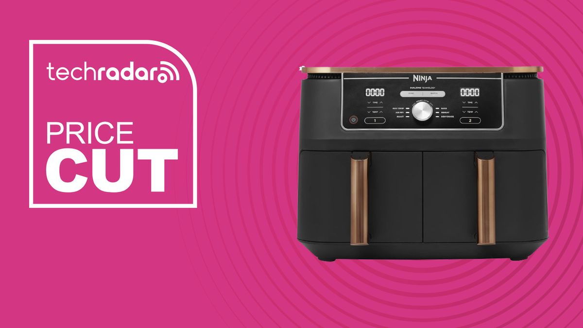 A Ninja Foodi Max Air Fryer on a pink background with text saying Price Cut next to it.