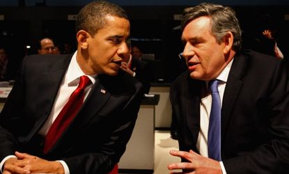 President Obama and then-British Prime Minister Gordon Brown speak at the G20 summit in London in 2009.