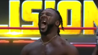 Swerve Strickland screaming in victory in AEW