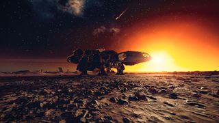 A stunning view of a sunset behind the spaceship on Starfield