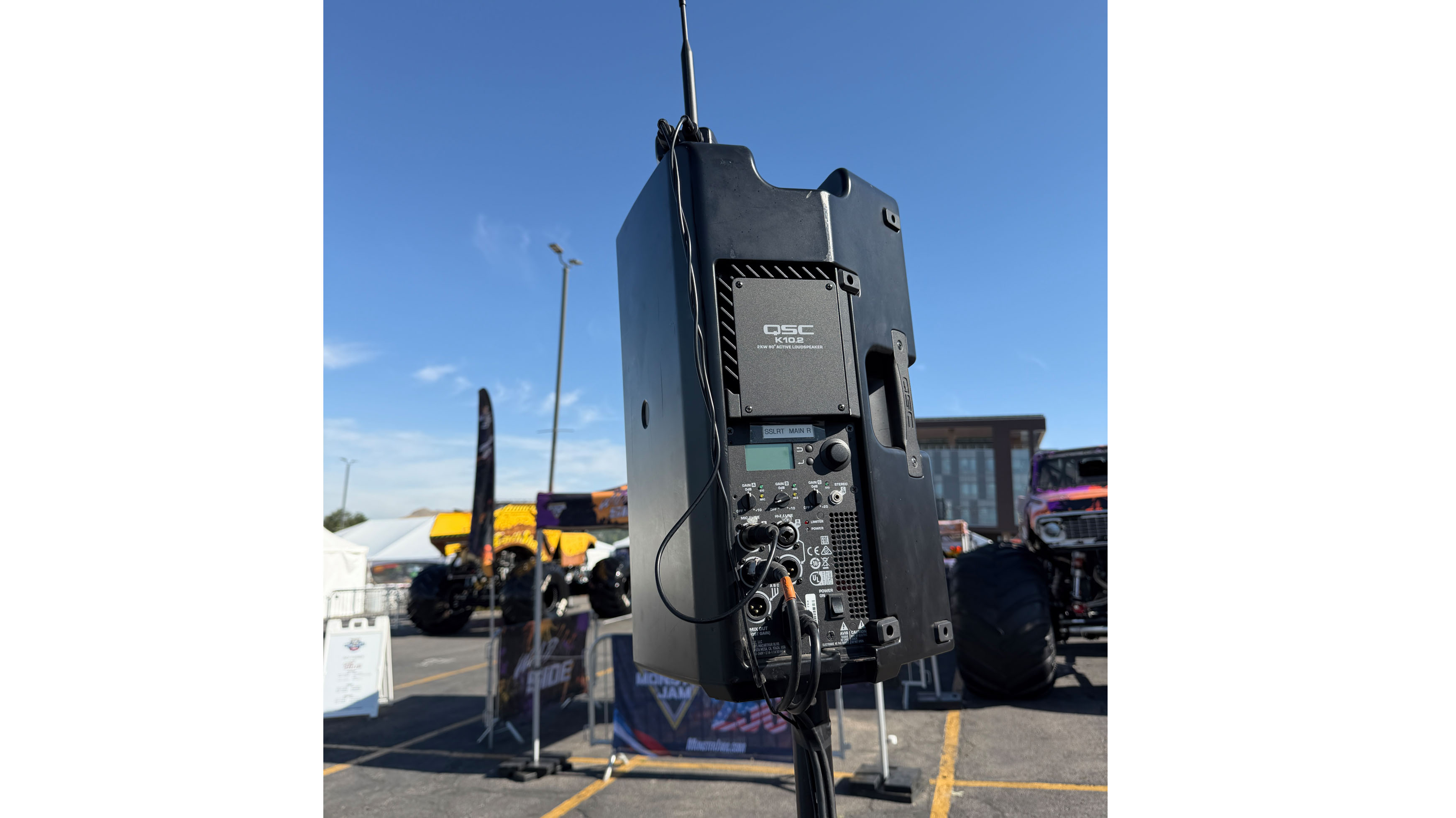 An RF Venue RF PA Extension Kit receiver unit atop a QSC powered speaker at the Monster Jam World Finals XXV at the University of Utah&amp;rsquo;s Rice-Eccles Stadium.