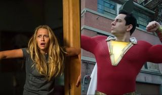 Lights Out Teresa Palmer holds the doorframe freaked out Shazam Zachary Levi flexes