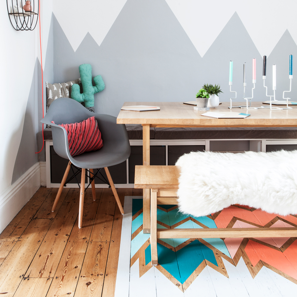 dining room with printed wooden flooring