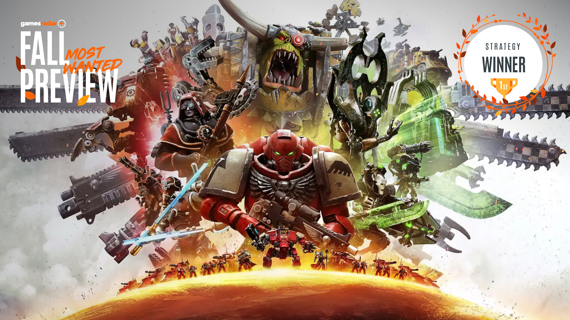 Key art for Warhammer 40K Dawn of War 4 showing the factions, including space marines and orcs, in collage above a planet - with the GamesRadar+ Fall Preview badge