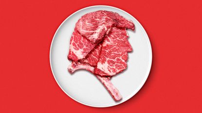 Illustration of a plate of raw beef arranged into a silhouette of Donald Trump