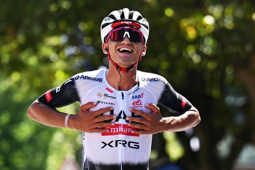 GETXO - BILBAO, SPAIN - AUGUST 03: Isaac Del Toro of Mexico and UAE Team Emirates - XRG celebrates at finish line as race winner during the 80th Circuito de Getxo - Memorial Hermanos Otxoa 2025 a 172.2km one day race from Bilbao to Getxo on August 03, 2025 in Getxo - Bilbao, Spain. (Photo by Antonio Baixauli/Getty Images)