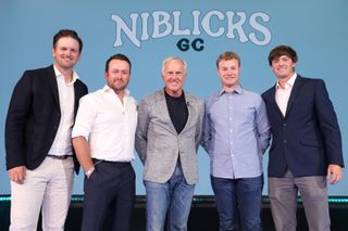 Team Niblicks pose with Greg Norman at the LIV Invitational London Draft