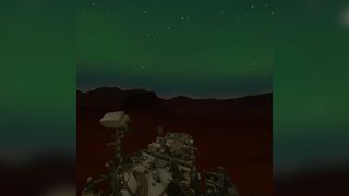 An illustration showing a rover sitting under a dark green sky full of northern lights flickering with stars.