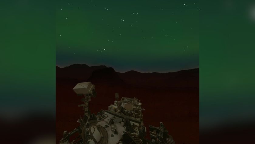 An illustration showing a rover sitting under a dark green sky full of northern lights flickering with stars.