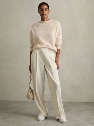 Elasticated-Waist Wide-Leg Twill Trousers in Cream