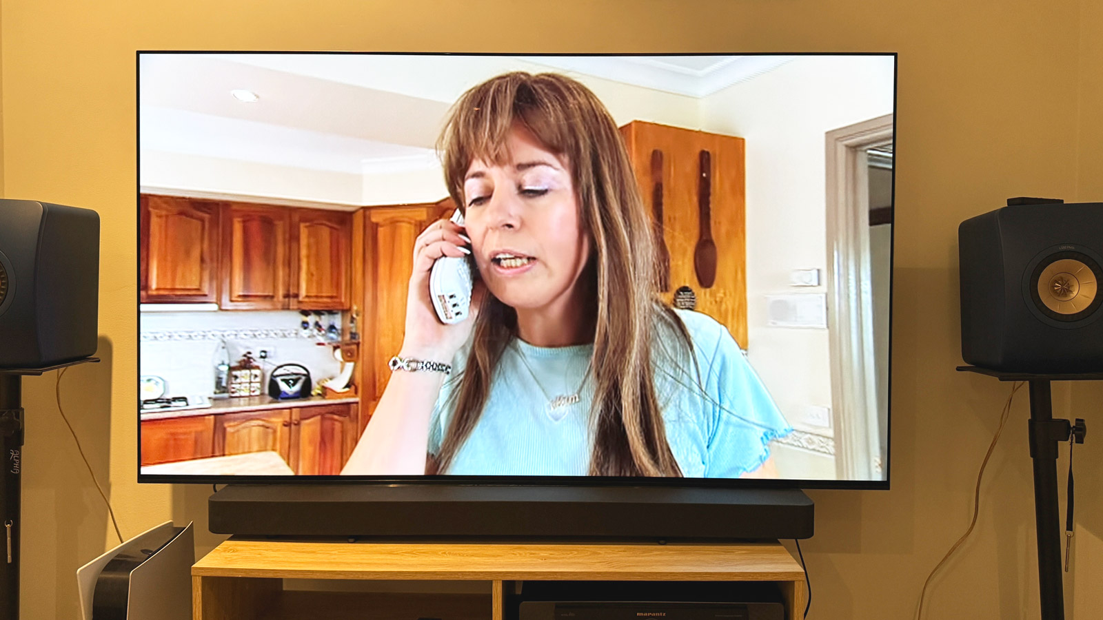 Wide view of the Sony Bravia Theater Bar 8 in front of the 65-inch Sony Bravia 8 OLED TV