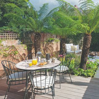 A patio with a garden furniture set and planted palm trees
