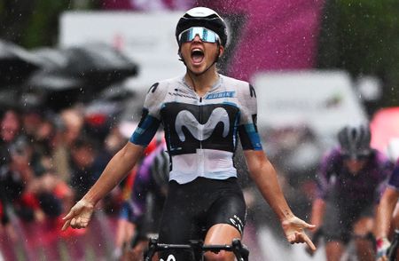 Movistar's Cat Ferguson reacts at finish line as race winner at rainy 2025 Navarra Women's Elite Classics