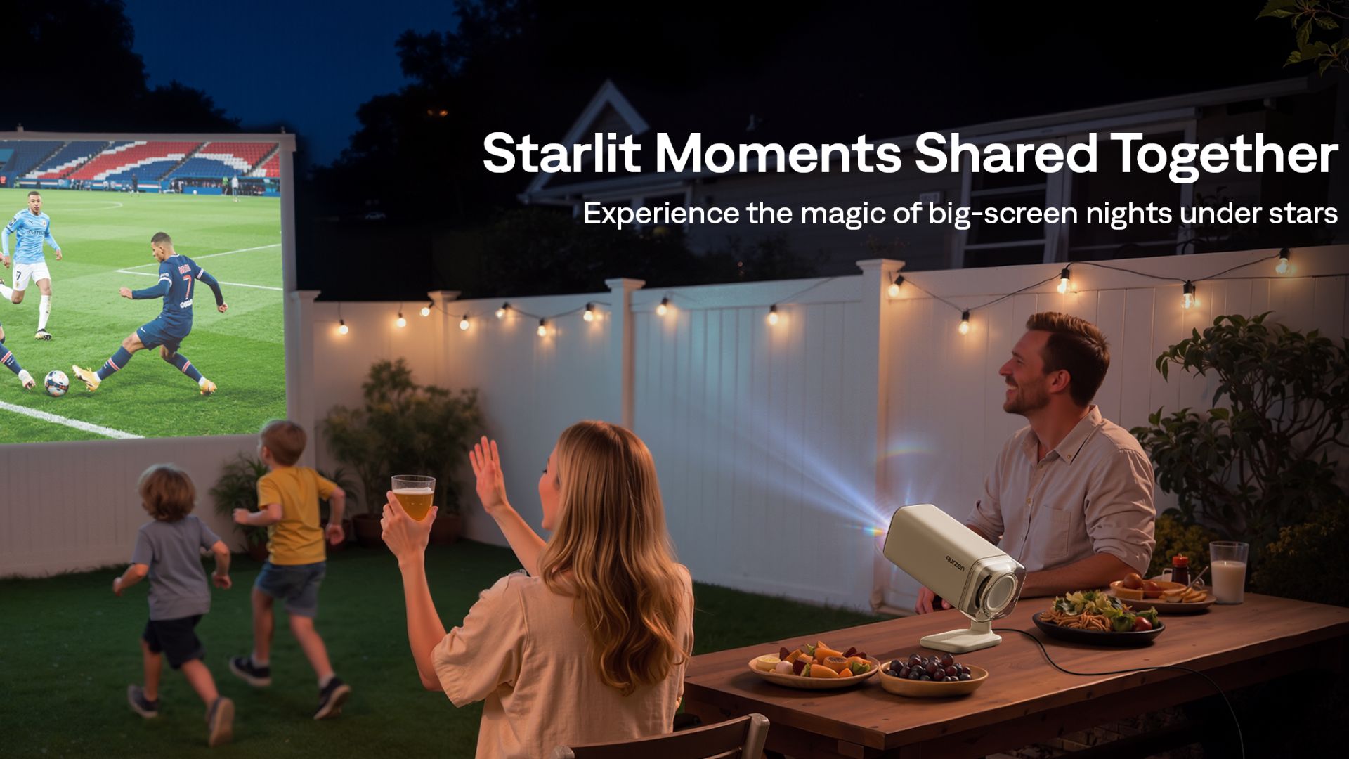 Aurzen BOOM air projector displaying football outdoors