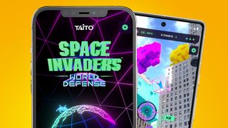 Two iPhones on a yellow background showing an AR Space Invaders game