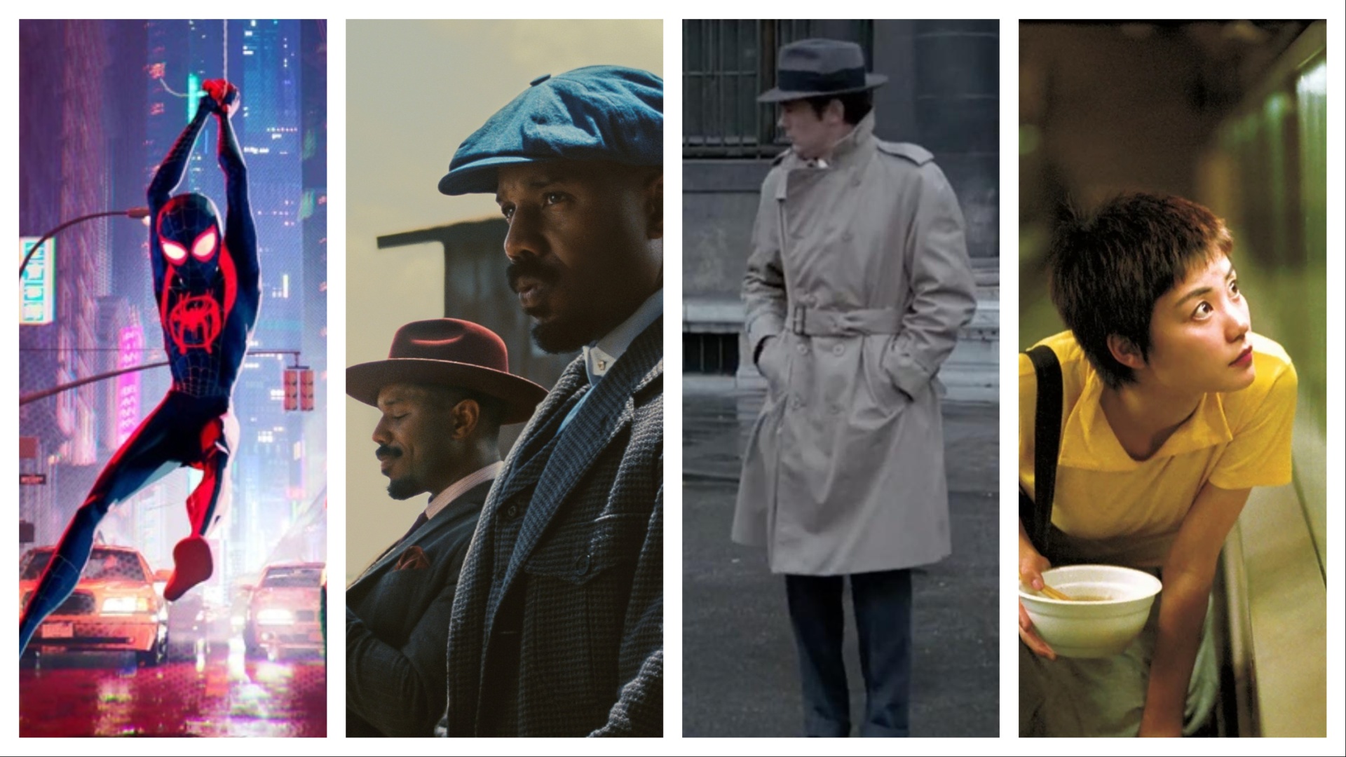 Four images sliced together from four films, left to right: Spider-Man into the Spider-Verse / Sinners / Le Samoura&iuml; / Chungking Express
