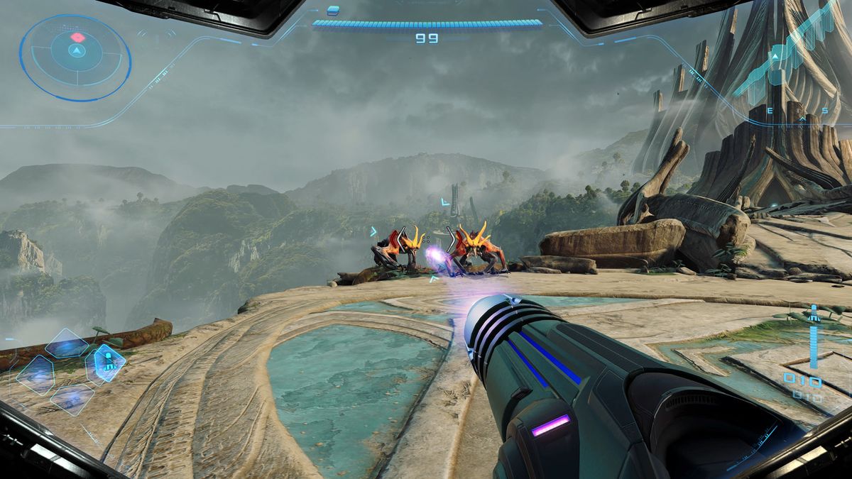 Two enemies crouch at the edge of a platform in an ancient ruin in Metroid Prime 4: Beyond, as Samus blasts at them on Switch 2