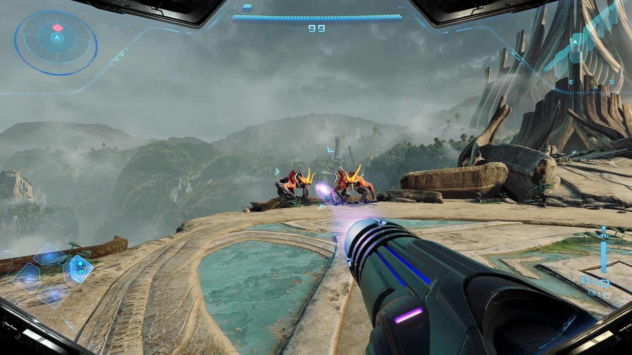 Two enemies crouch at the edge of a platform in an ancient ruin in Metroid Prime 4: Beyond, as Samus blasts at them on Switch 2