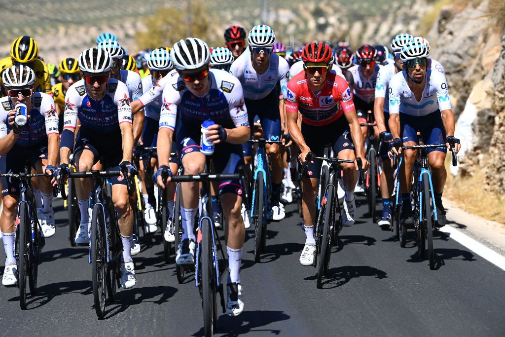 SIERRA DE LA PANDERA SPAIN SEPTEMBER 03 Remco Evenepoel of Belgium and Team QuickStep Alpha Vinyl Red Leader Jersey Rcompetes during the 77th Tour of Spain 2022 Stage 14 a 1603km stage from Montoro to Sierra de La Pandera 1815m LaVuelta22 WorldTour on September 03 2022 in Sierra de La Pandera Spain Photo by Tim de WaeleGetty Images
