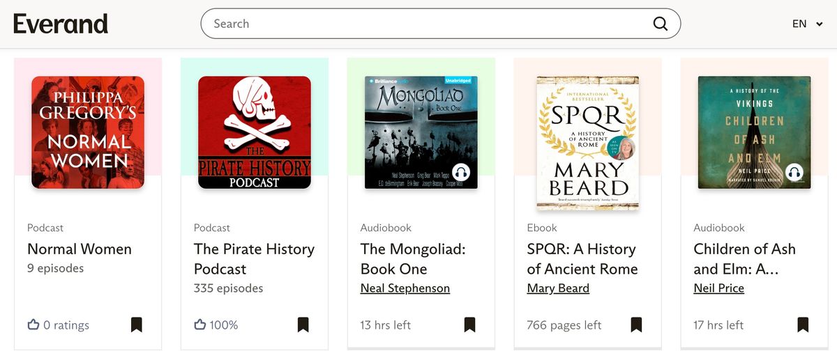 A list of ebooks and audiobooks listed on Scribd&#039;s Everand subscription service homepage