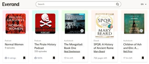 A list of ebooks and audiobooks listed on Scribd's Everand subscription service homepage