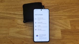 Menu to add a payment card, transit pass, loyalty card, or gift card to Google Wallet on an Android phone