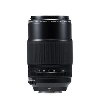 Fujifilm XF 80mm f/2.8 R LM OIS WR Macro lens product image on a white background